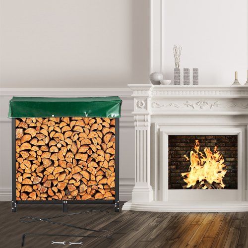 Brennholzregal, 1,8 m langes Brennholzregal für den Außenbereich, schwarzer Brennholzständer, Brennholzregal aus Stahl für den Außenbereich, Brennholzhalter mit einer Tragkraft von 590 kg, Brennholzregal mit Abdeckung und Kaminbesteck