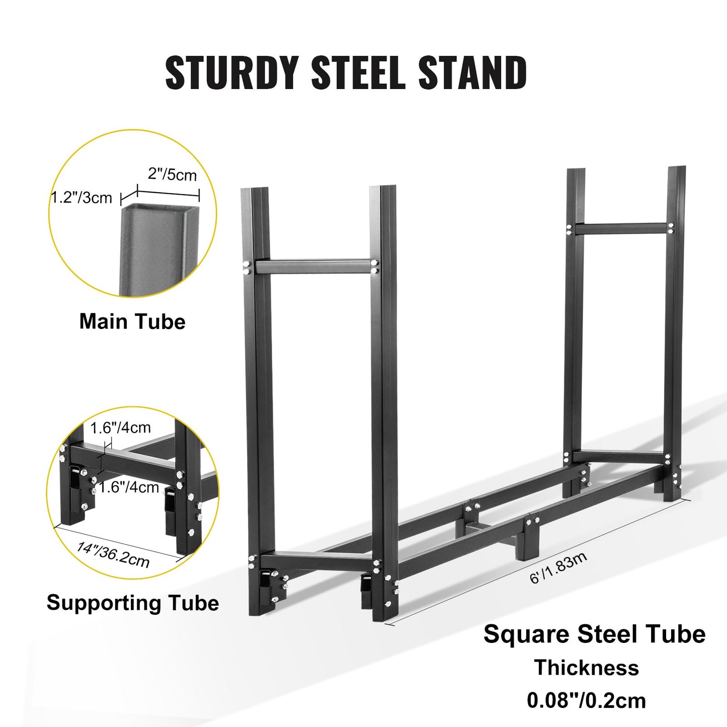 Firewood Log Rack, 6ft Firewood Rack Outdoor, Black Firewood Rack stand, Steel Outdoor Wood Rack, Firewood Log Holder with Load Capacity 1300lbs, Firewood Rack with Cover & Fireplace Tool Set