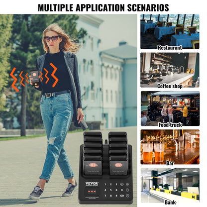 Restaurant Pager System, Wireless 400m Long Range Lineup Waiting Queue Signal, Guest Customer Calling Beepers with Vibration & Flashing, 10 Buzzers for Food Truck, Church, Nursery, Hospital