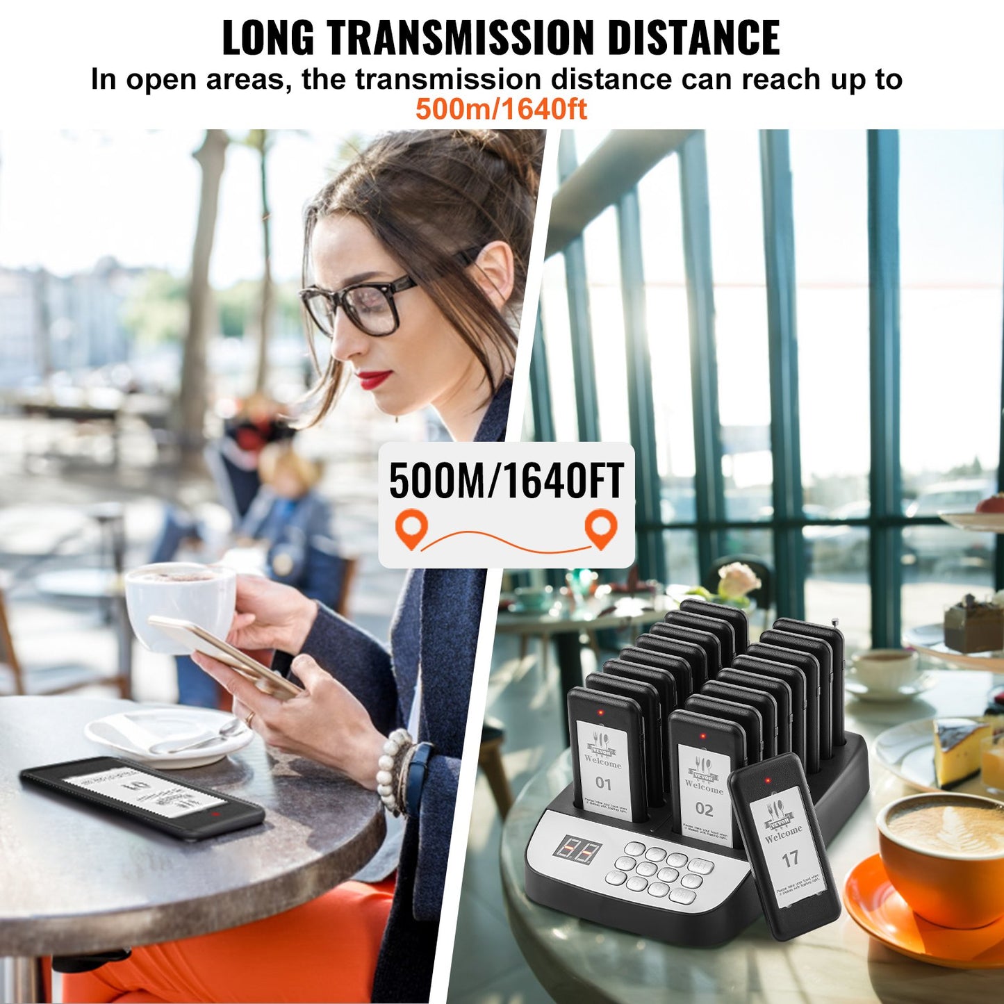 Restaurant Pager System, Wireless 500m Long Range Lineup Waiting Queue Signal, Guest Customer Calling Beepers with Vibration & Flashing, 16 Buzzers for Food Truck, Church, Nursery, Hospital
