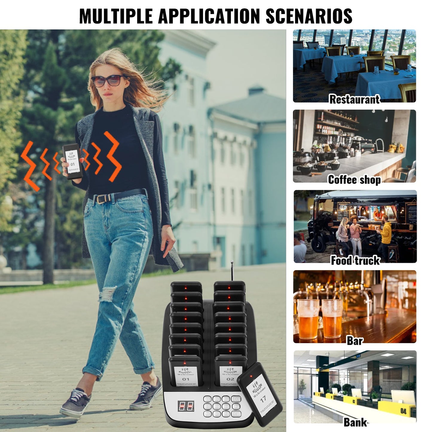 Restaurant Pager System, Wireless 500m Long Range Lineup Waiting Queue Signal, Guest Customer Calling Beepers with Vibration & Flashing, 16 Buzzers for Food Truck, Church, Nursery, Hospital