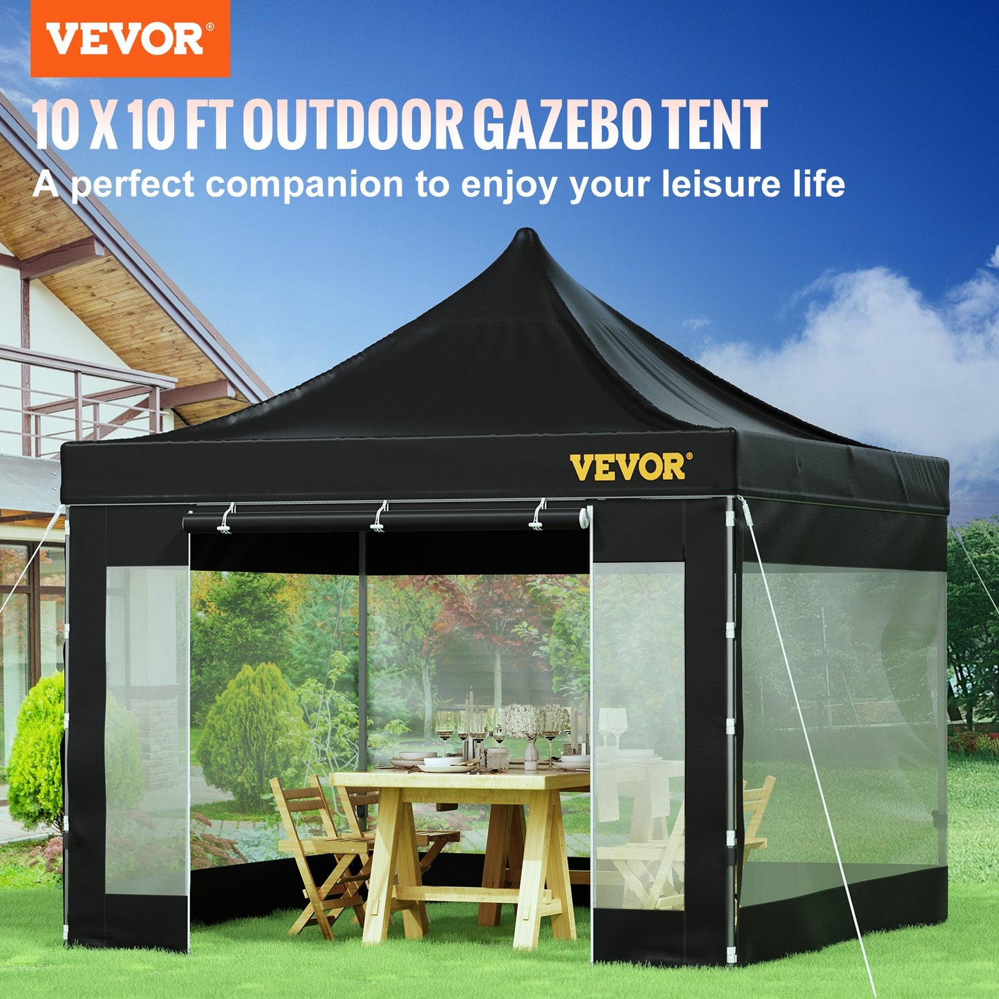 304.8 x 304.8 cm Pop Up Canopy Tent, Outdoor Patio Gazebo Tent with Removable Sidewalls and Wheeled Bag, UV Resistant Waterproof Instant Gazebo Shelter for Party, Garden, Backyard, Black