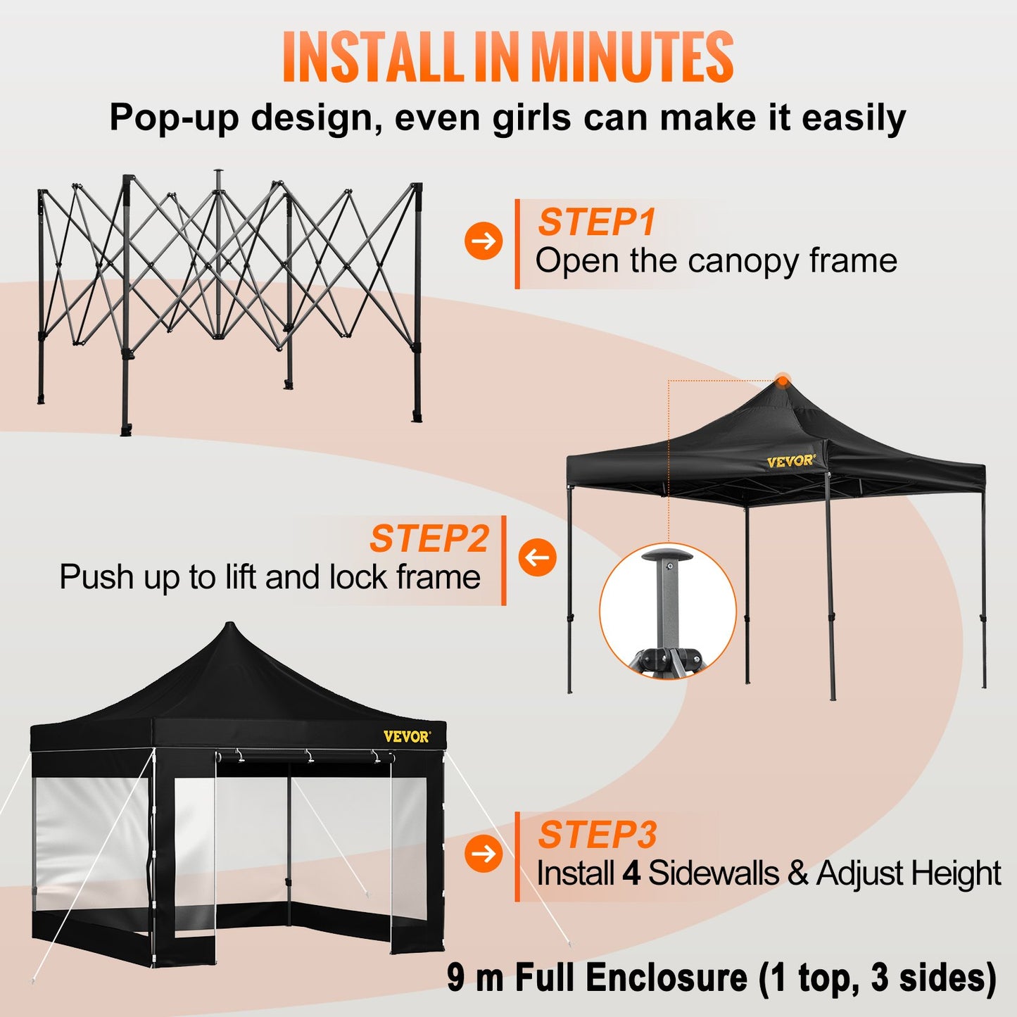 304.8 x 304.8 cm Pop Up Canopy Tent, Outdoor Patio Gazebo Tent with Removable Sidewalls and Wheeled Bag, UV Resistant Waterproof Instant Gazebo Shelter for Party, Garden, Backyard, Black