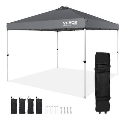 Pop Up Canopy Tent, 10 x 10 ft, 250 D PU Silver Coated Tarp, with Portable Roller Bag and 4 Sandbags, Waterproof and Sun Shelter Gazebo for Outdoor Party, Camping, Commercial Events, Dark Gray