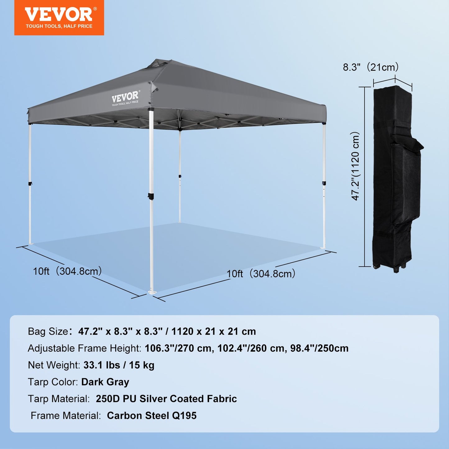 Pop Up Canopy Tent, 10 x 10 ft, 250 D PU Silver Coated Tarp, with Portable Roller Bag and 4 Sandbags, Waterproof and Sun Shelter Gazebo for Outdoor Party, Camping, Commercial Events, Dark Gray