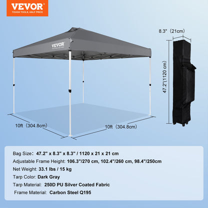 Pop Up Canopy Tent, 10 x 10 ft, 250 D PU Silver Coated Tarp, with Portable Roller Bag and 4 Sandbags, Waterproof and Sun Shelter Gazebo for Outdoor Party, Camping, Commercial Events, Dark Gray