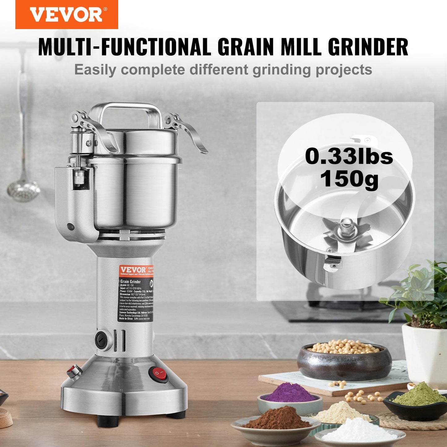 150g Electric Grain Mill Grinder, High Speed 850W Commercial Spice Grinders, Stainless Steel Pulverizer Powder Machine, for Dry Grains Spices Cereals Coffee Corn Pepper, Straight Type