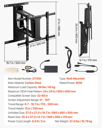 Motorized TV Wall Mount, TV Mount for 32 to 65 Inch TV, Electric Adjustable Ceiling TV Mount, Motorized Flip Down TV Mount Bracket with Max VESA 24 x 24 in, Fits TVs Up to 88 lbs