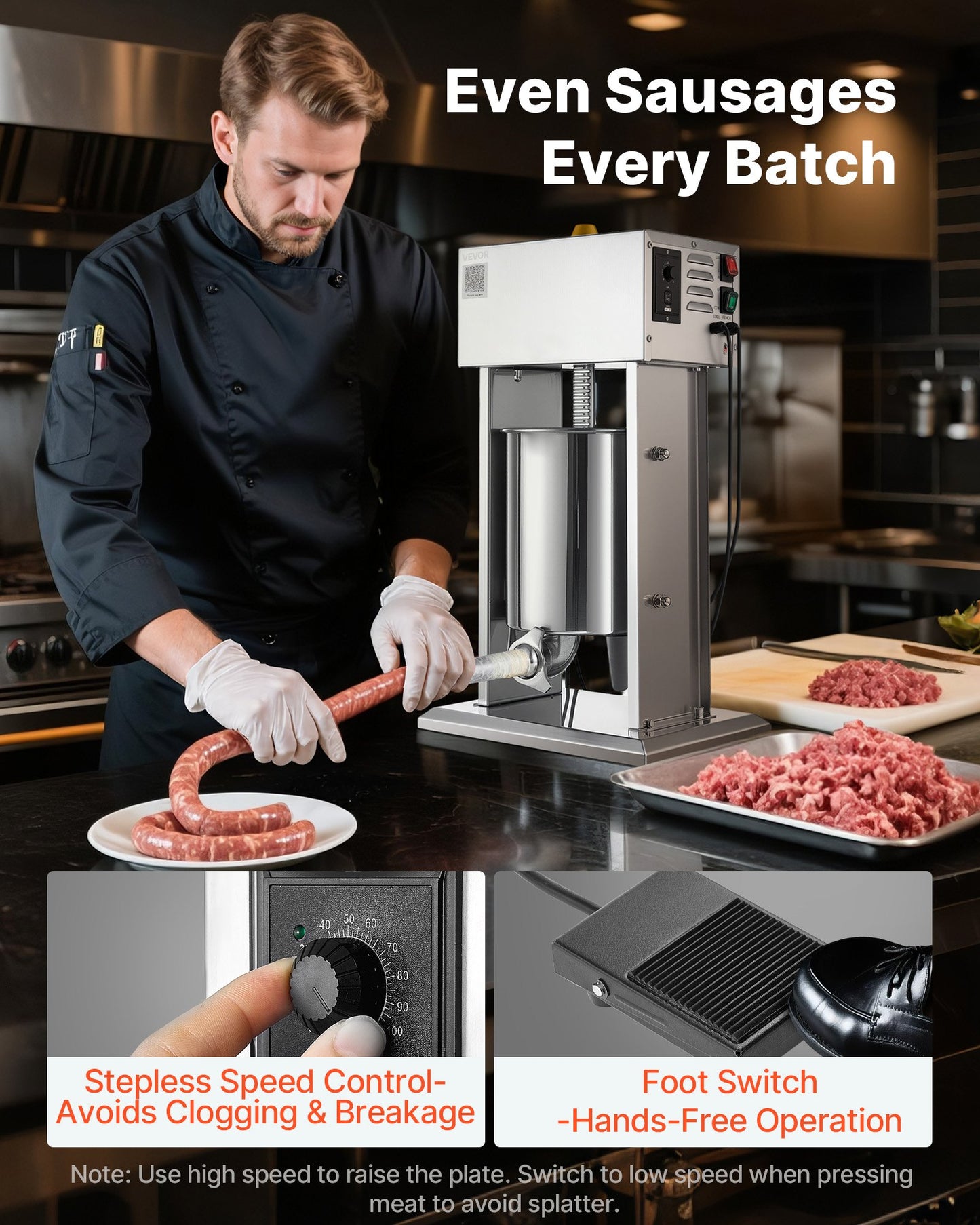 Electric Sausage Stuffer, 22 LBS / 10 L Vertical Meat Stuffer, Stepless Speed Control and Foot Pedal, Stainless Steel Heavy Duty Sausage Filler with 4 Stuffing Tubes, for Commercial & Home Use