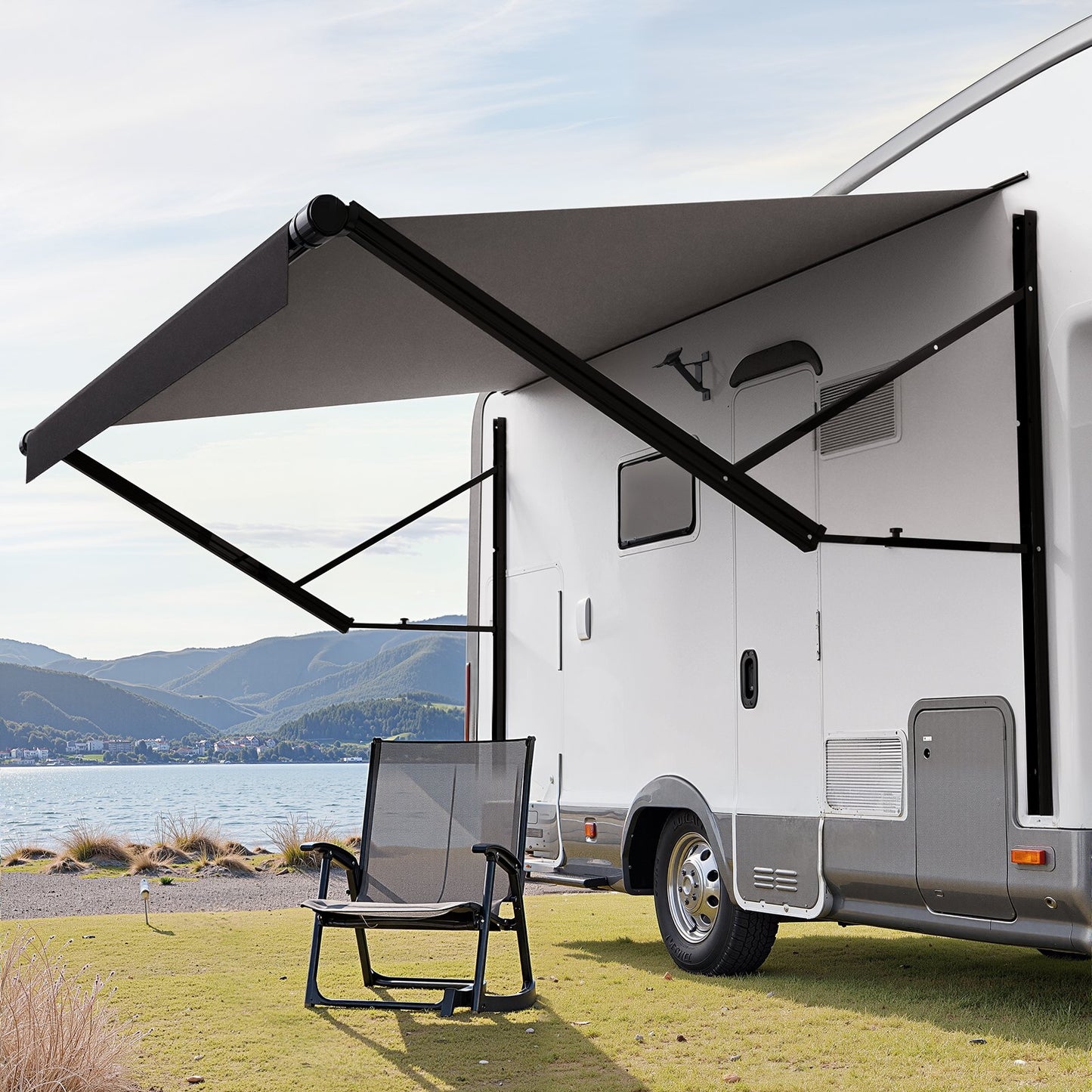 Motorized RV Awning Complete Kit, 10' Retractable Awning with Aluminum Alloy Frame, Outdoor Trailer Awning, Fit for Most RVs(Black Fade)