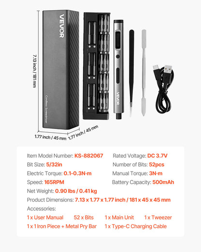 Electric Precision Screwdriver Set, 52 Magnetic Bits, Mini Electric Screwdriver with Magnetic Storage Box, S2 Steel Bits, LED Light, Type-C Charging, for Phone, Laptop, and Electronics Repair