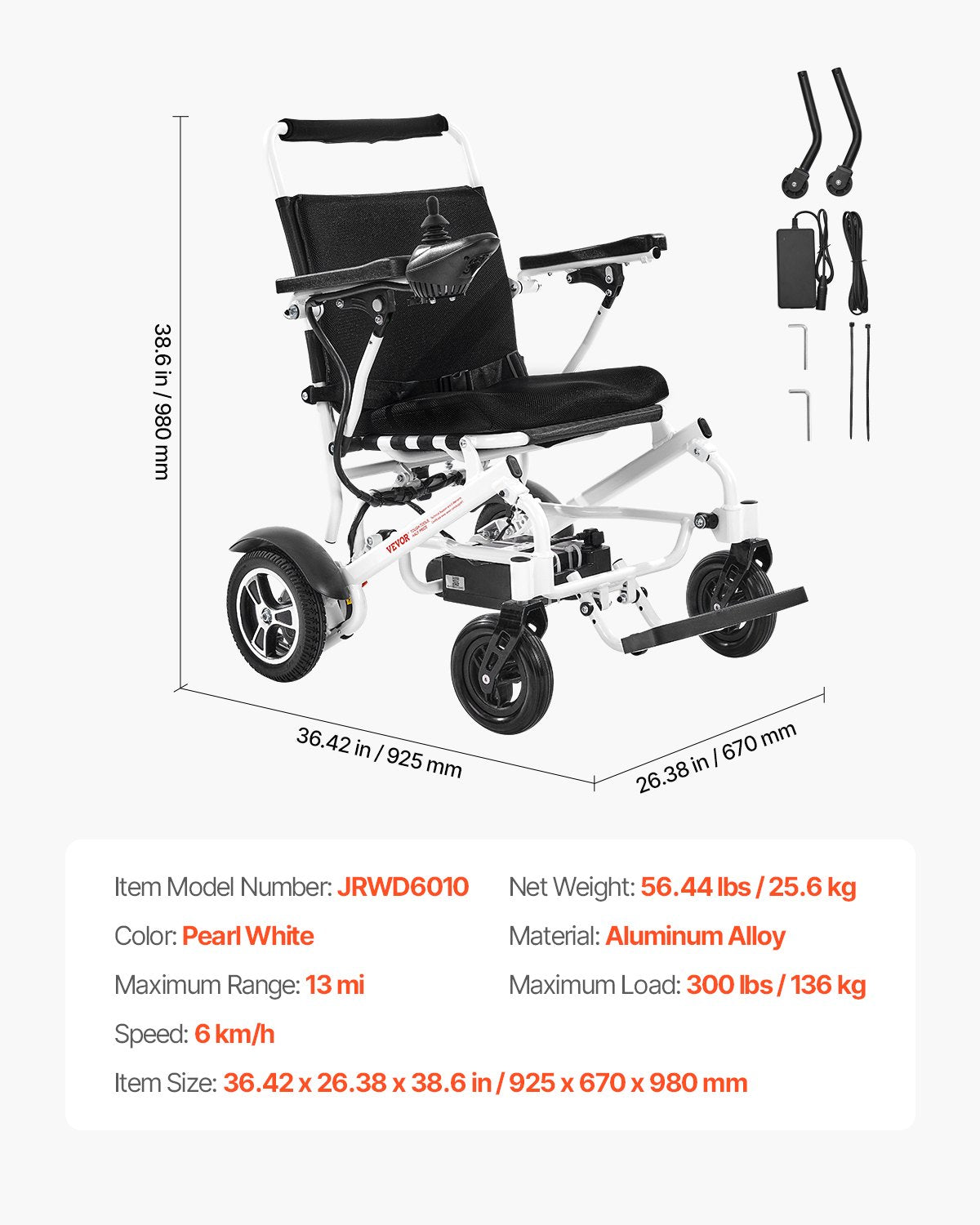 Electric Wheelchair for Adults, 136kg Capacity, Foldable & Lightweight Motorized Wheelchair, 21km Long Travel Range, All-Terrain Powered Chair, Portable 53cm Seat for Seniors & Disabled