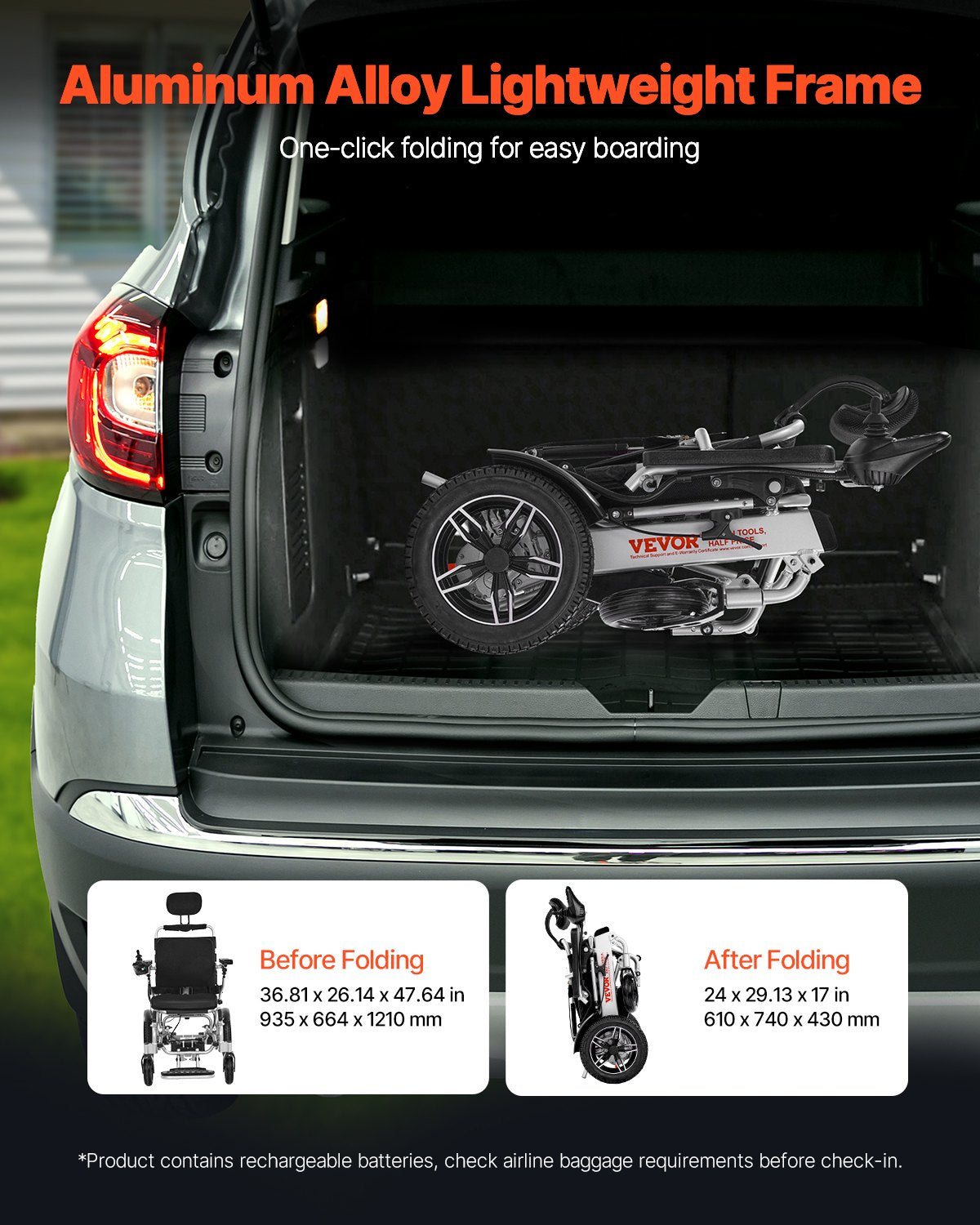 Electric Wheelchair for Adults, 136kg Capacity with Adjustable Backrest, Foldable & Lightweight Motorized Wheelchair, 21km Range, All-Terrain Powered Chair, Portable for Seniors & Disabled