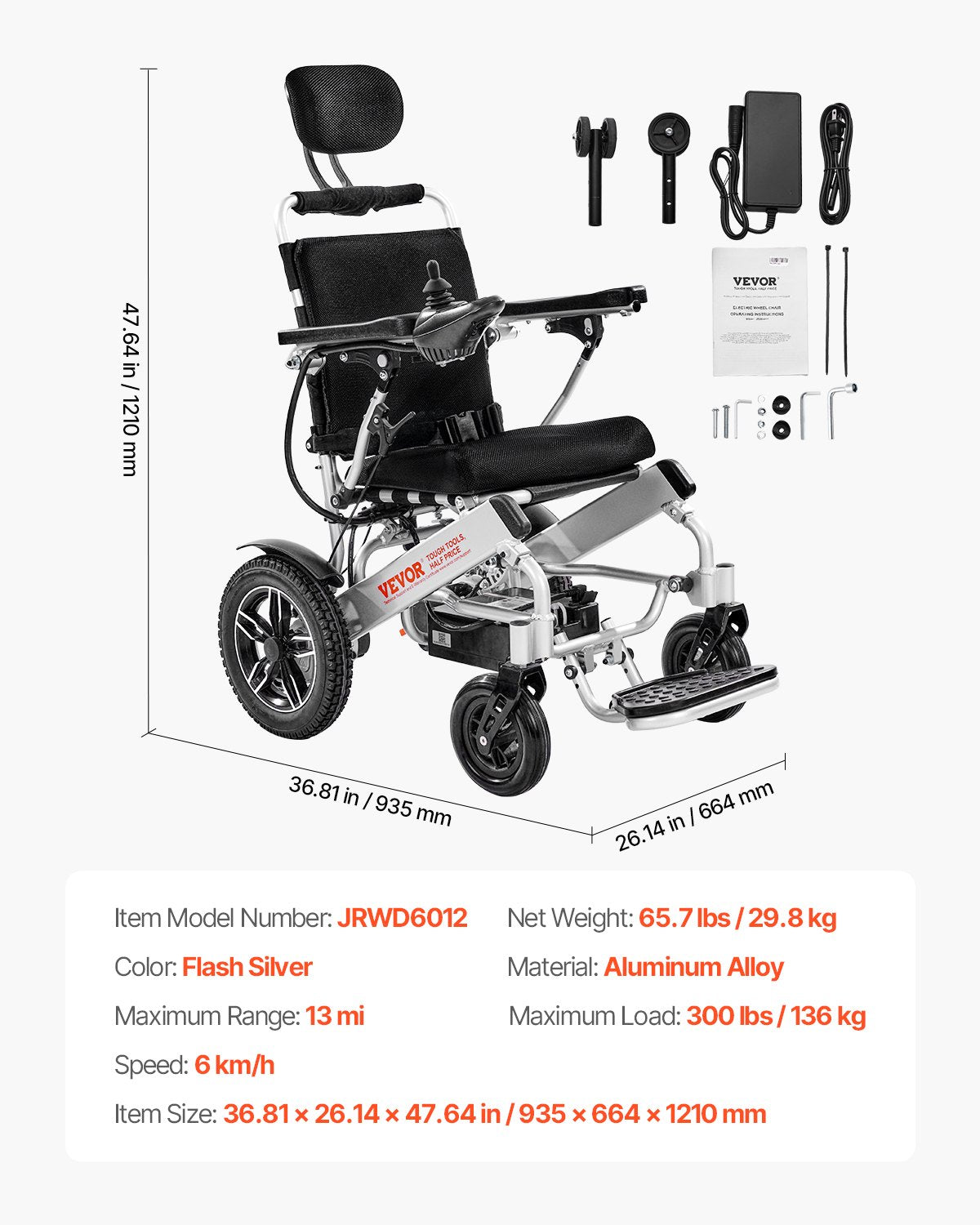 Electric Wheelchair for Adults, 136kg Capacity with Adjustable Backrest, Foldable & Lightweight Motorized Wheelchair, 21km Range, All-Terrain Powered Chair, Portable for Seniors & Disabled