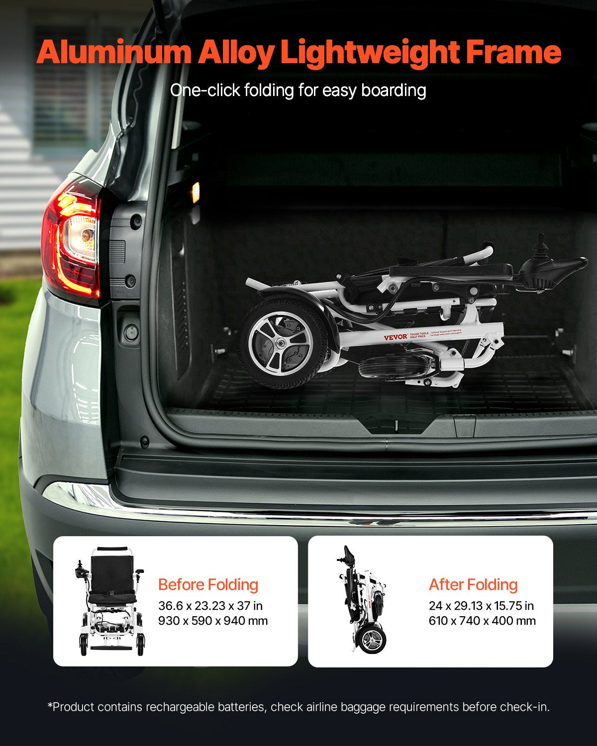 Electric Wheelchair for Adults, 136kg Capacity, Foldable & Lightweight Motorized Wheelchair, 21km Long Travel Range, All-Terrain Powered Chair, Portable for Seniors & Disabled