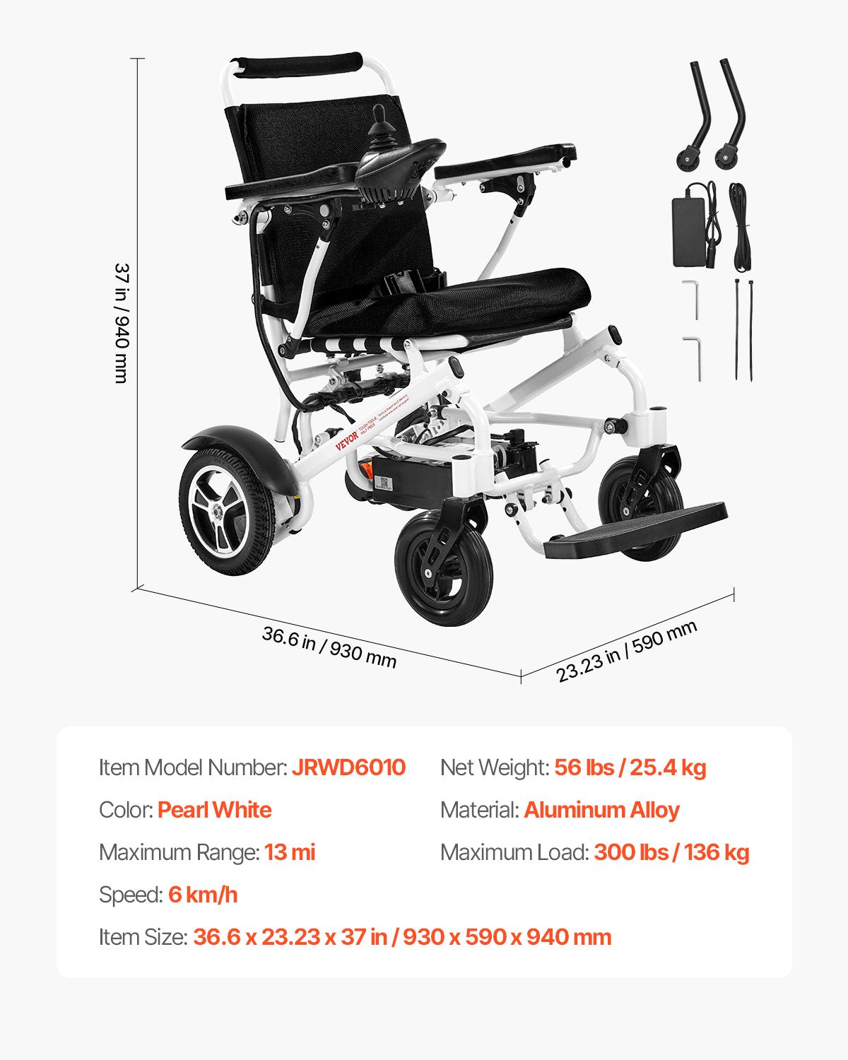Electric Wheelchair for Adults, 136kg Capacity, Foldable & Lightweight Motorized Wheelchair, 21km Long Travel Range, All-Terrain Powered Chair, Portable for Seniors & Disabled