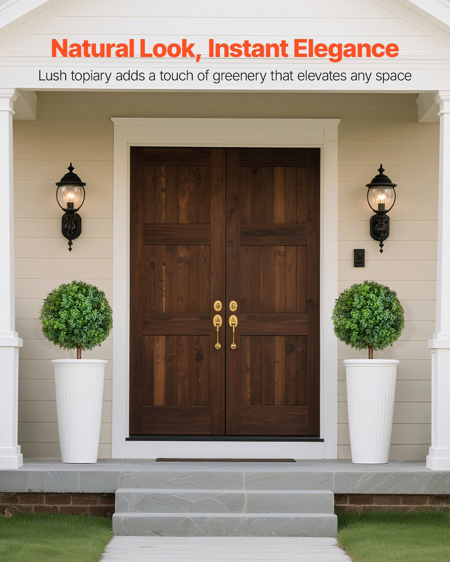 Artificial Topiary Boxwood Trees with Ground Spike, 2 Set 686mm Faux Shrubs & Bushes Potted Plants, Fake Silk Tree Look Real for Decor Front Porch Outdoor Indoor Patio Garden Balcony Backyard