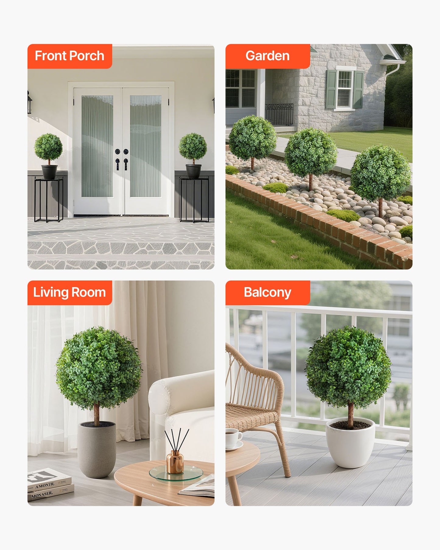 Artificial Topiary Boxwood Trees with Ground Spike, 2 Set 686mm Faux Shrubs & Bushes Potted Plants, Fake Silk Tree Look Real for Decor Front Porch Outdoor Indoor Patio Garden Balcony Backyard