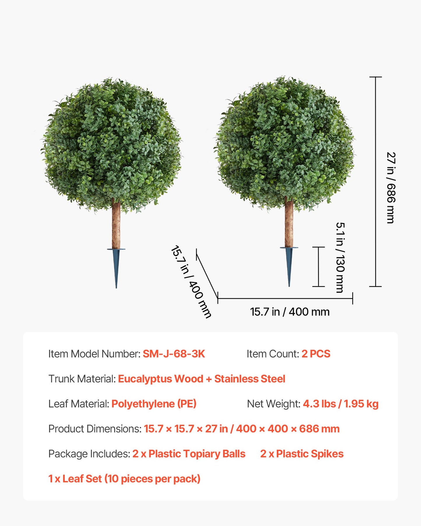 Artificial Topiary Boxwood Trees with Ground Spike, 2 Set 686mm Faux Shrubs & Bushes Potted Plants, Fake Silk Tree Look Real for Decor Front Porch Outdoor Indoor Patio Garden Balcony Backyard