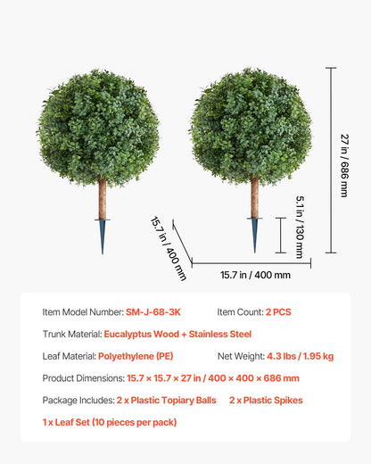 Artificial Topiary Boxwood Trees with Ground Spike, 2 Set 686mm Faux Shrubs & Bushes Potted Plants, Fake Silk Tree Look Real for Decor Front Porch Outdoor Indoor Patio Garden Balcony Backyard