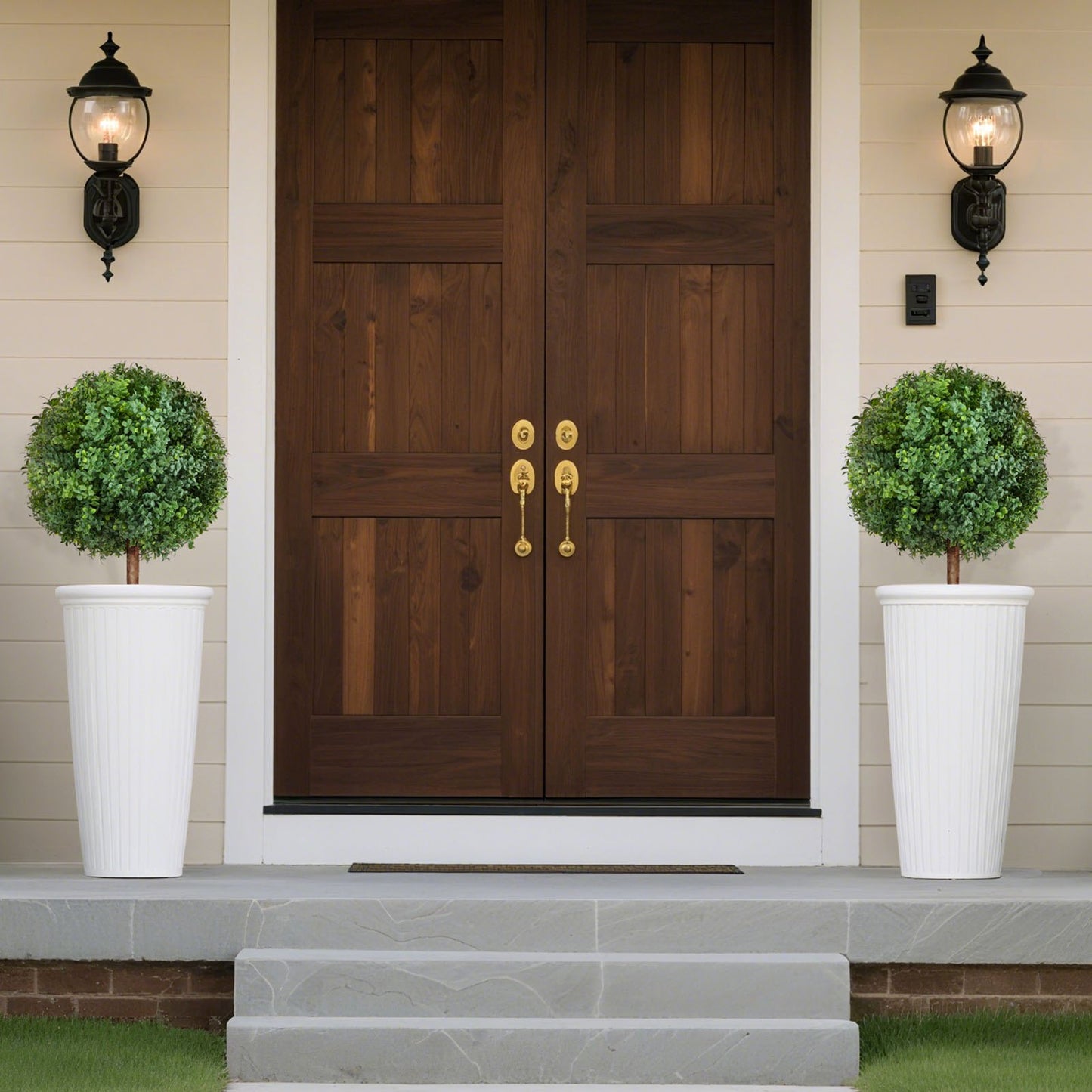 Artificial Topiary Boxwood Trees with Ground Spike, 2 Set 686mm Faux Shrubs & Bushes Potted Plants, Fake Silk Tree Look Real for Decor Front Porch Outdoor Indoor Patio Garden Balcony Backyard