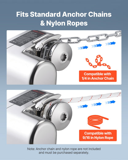 Horizontal Fishing Windlass, 12V DC 600W, Windlass Anchor Systems Fit for 6.35 mm Chain or 14.3 & 15.9 mm Nylon Rope, Max Pull 260 kg, 316 Stainless Steel Construction, for Boats 7-9 m