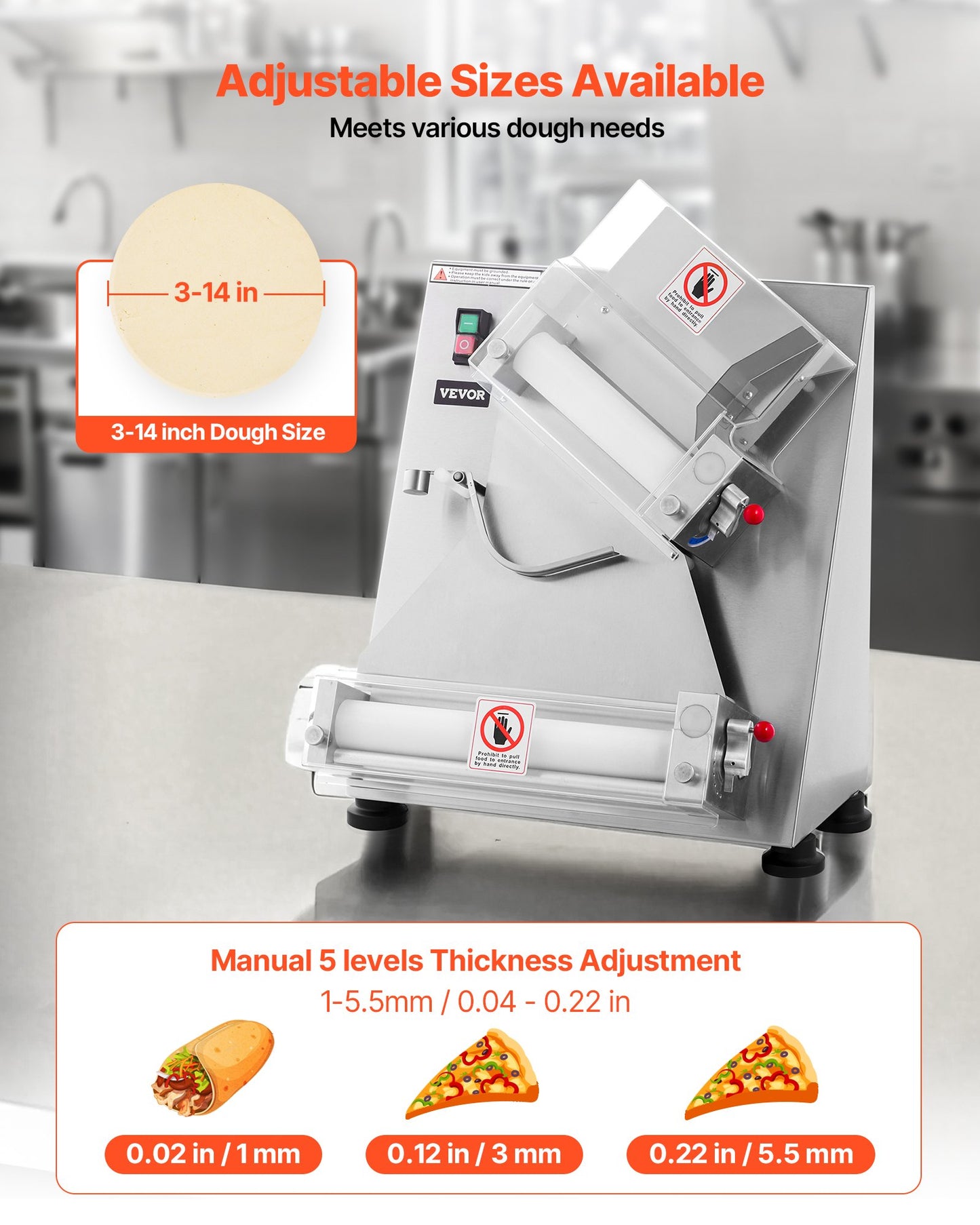 Pizza Dough Roller Sheeter, 3-14 Inch Automatic Stainless Steel Pizza Press, Commercial Electric 370W Pasta Maker Machine, 260 pcs Per Hour, Adjustable Thickness, with Dough Press Lid