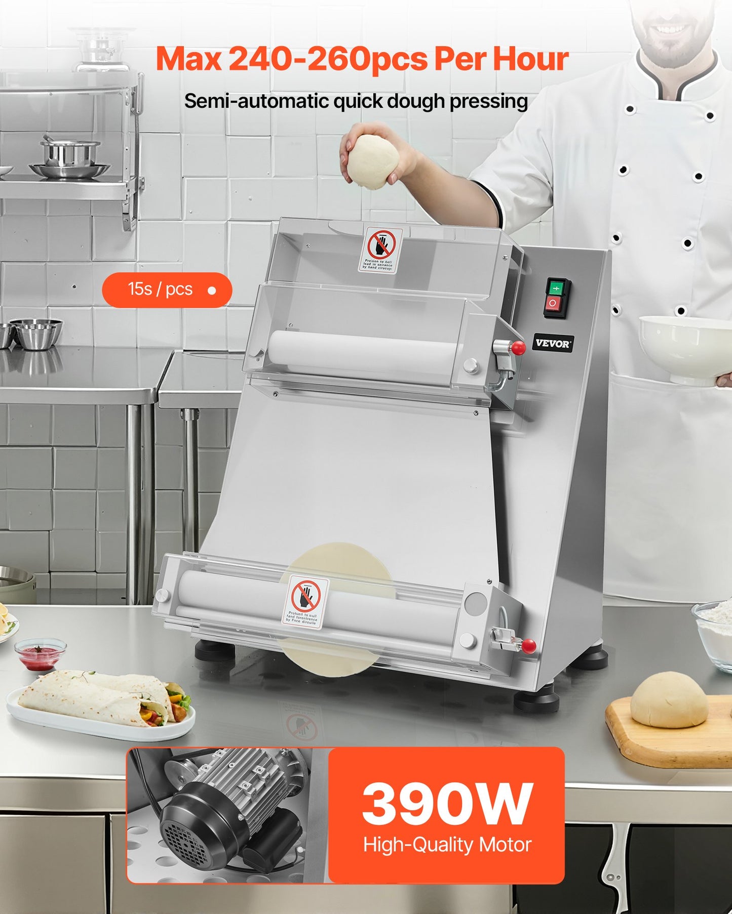 Pizza Dough Roller Sheeter, 3-16 Inch Semi-automatic Stainless Steel Pizza Press, Commercial Electric 390W Pasta Maker Machine, 260 pcs Per Hour, Adjustable Thickness, with Dough Press Lid