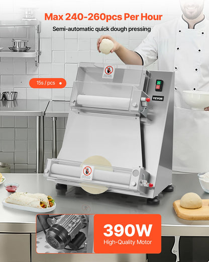 Pizza Dough Roller Sheeter, 3-16 Inch Semi-automatic Stainless Steel Pizza Press, Commercial Electric 390W Pasta Maker Machine, 260 pcs Per Hour, Adjustable Thickness, with Dough Press Lid