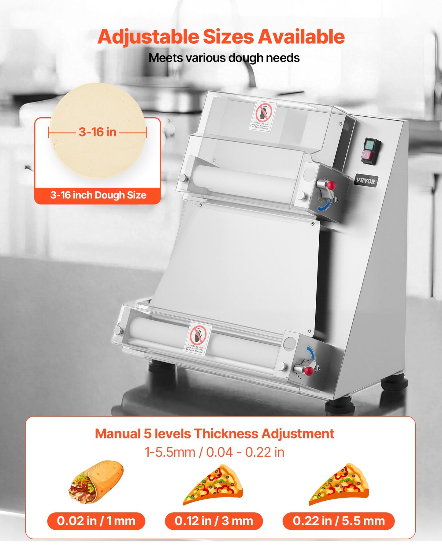 Pizza Dough Roller Sheeter, 3-16 Inch Semi-automatic Stainless Steel Pizza Press, Commercial Electric 390W Pasta Maker Machine, 260 pcs Per Hour, Adjustable Thickness, with Dough Press Lid