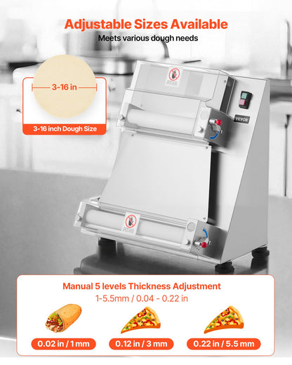 Pizza Dough Roller Sheeter, 3-16 Inch Semi-automatic Stainless Steel Pizza Press, Commercial Electric 390W Pasta Maker Machine, 260 pcs Per Hour, Adjustable Thickness, with Dough Press Lid