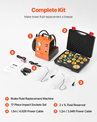 Electric Brake Bleeder Kit, Professional 220V Brake Master Cylinder Bleeder Kit with Pressure Gauge & Built-In Air Pump, Versatile Brake Bleeder Adapter Set for Both DC & AC Power