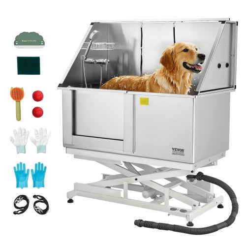 Electric Lift Dog Washing Station, 127 cm Professional Stainless Steel Pet Grooming Tub w/ PE Water Filter Board, Faucet & Showerhead Dog Bathtub Washing Sink for Multiple Pets (Left Door)