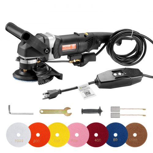 Wet Polisher 800W, 4" Concrete Grinder with 6 Variable Speed and 7 Polishing Kits, Wet Grinder Machine for Marble, Granite, Stone, Rock, Tile, Equipped with a GFCI Switch, (700 - 3000 RPM)