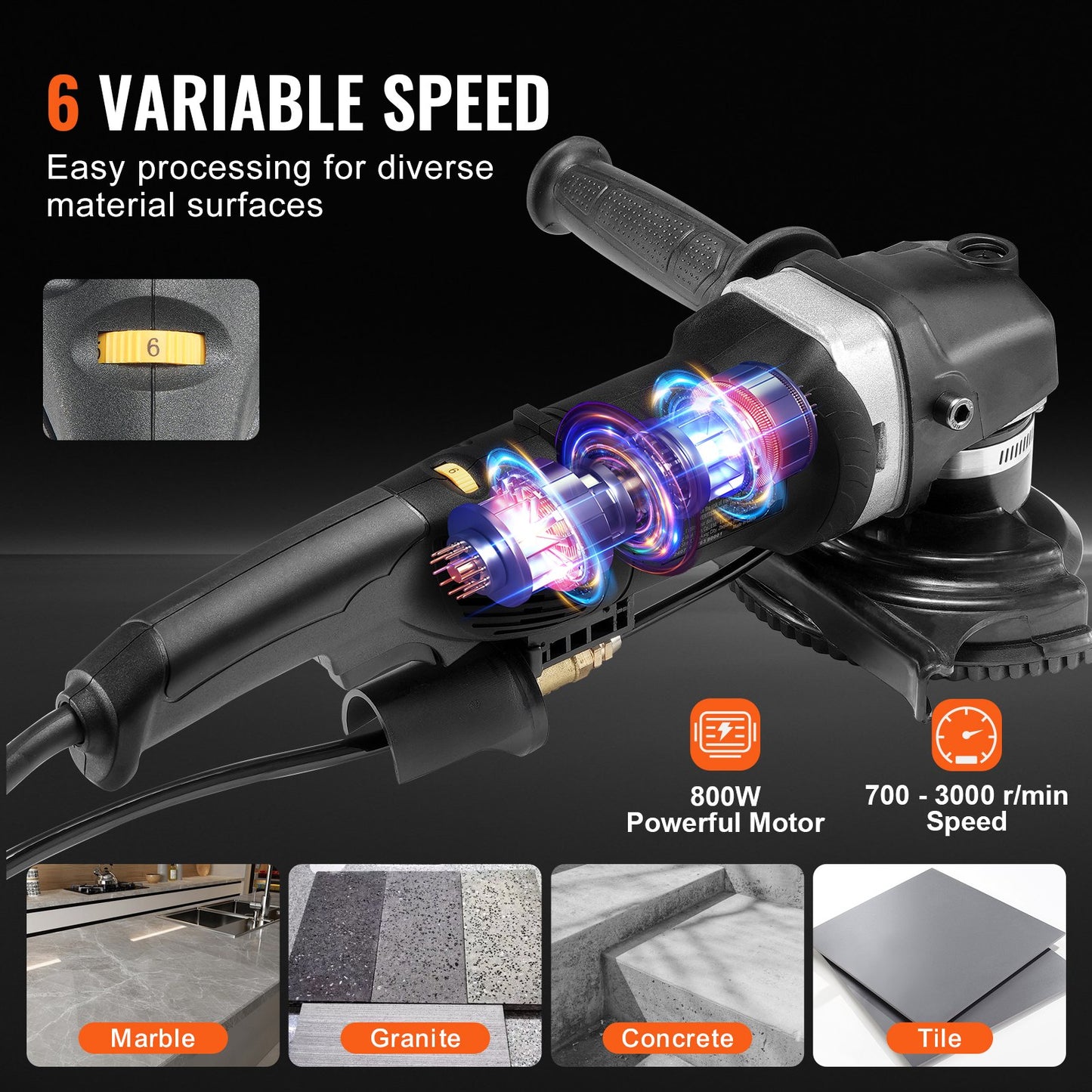 Wet Polisher 800W, 4" Concrete Grinder with 6 Variable Speed and 7 Polishing Kits, Wet Grinder Machine for Marble, Granite, Stone, Rock, Tile, Equipped with a GFCI Switch, (700 - 3000 RPM)