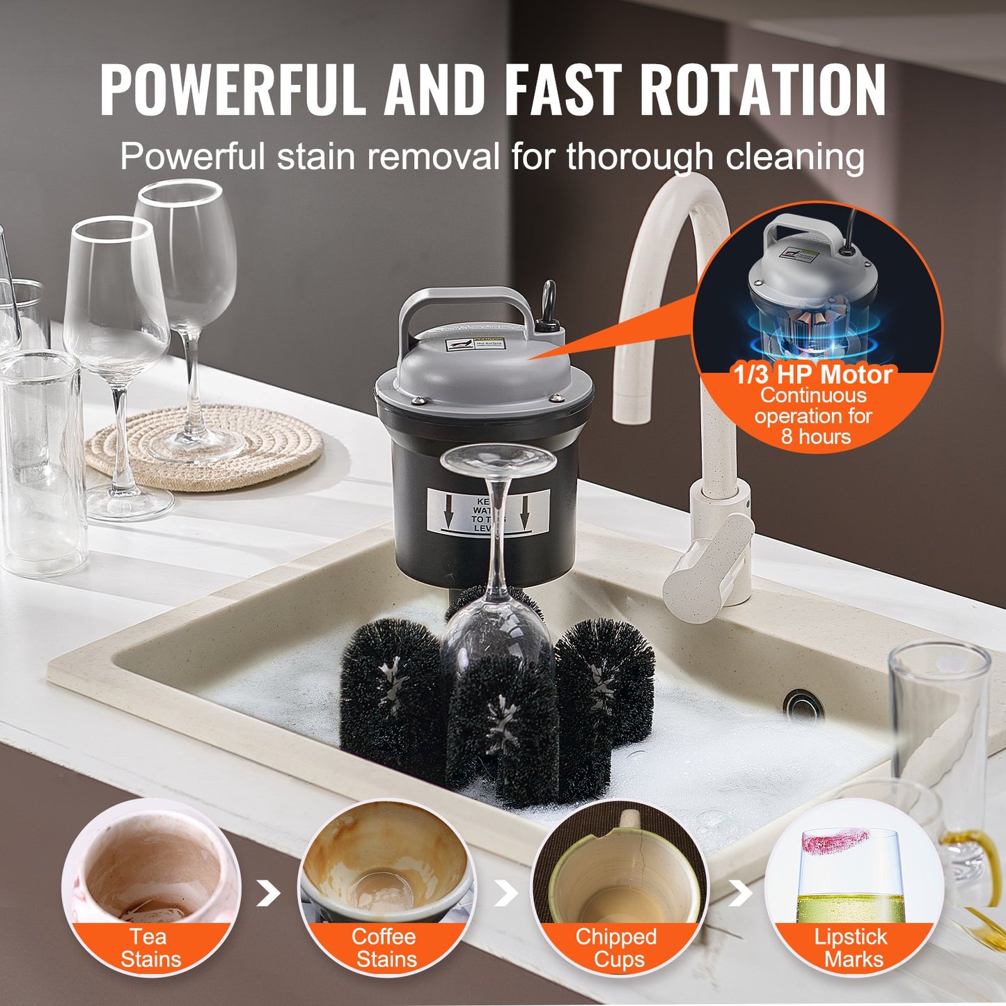 Electric Commercial Glass Washer, 5-Brush Bar Glass Cleaner, 1200 Cups/Hour Wine Glass Cleaning Machine, Bar Glass Washer for Champagne Glasses, Beer Cups, Mugs, Perfect for Bars and Cafes