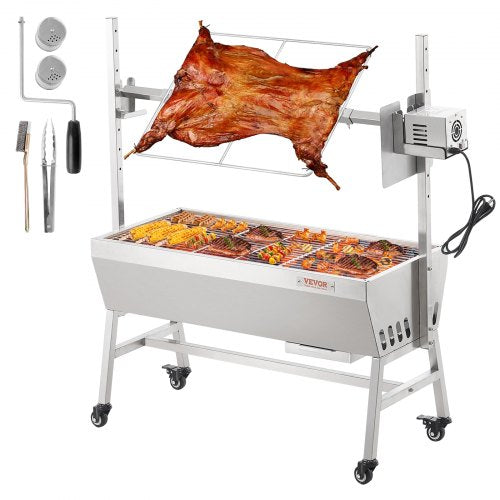 Verbesserter Drehspießgrill, 89 cm (35 Zoll), 41 kg (90 lbs) Tragkraft, Holzkohlegrill für ganze Schweine, Lamm und Ziegen, elektrischer 42-W-Motor, Edelstahl-Drehspieß mit feststellbaren Rädern, ideal für Camping und Outdoor-Aktivitäten