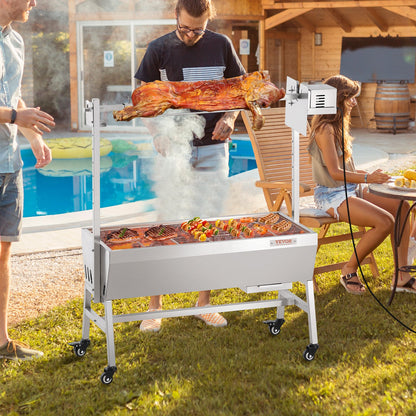 Verbesserter Drehspießgrill, 89 cm (35 Zoll), 41 kg (90 lbs) Tragkraft, Holzkohlegrill für ganze Schweine, Lamm und Ziegen, elektrischer 42-W-Motor, Edelstahl-Drehspieß mit feststellbaren Rädern, ideal für Camping und Outdoor-Aktivitäten