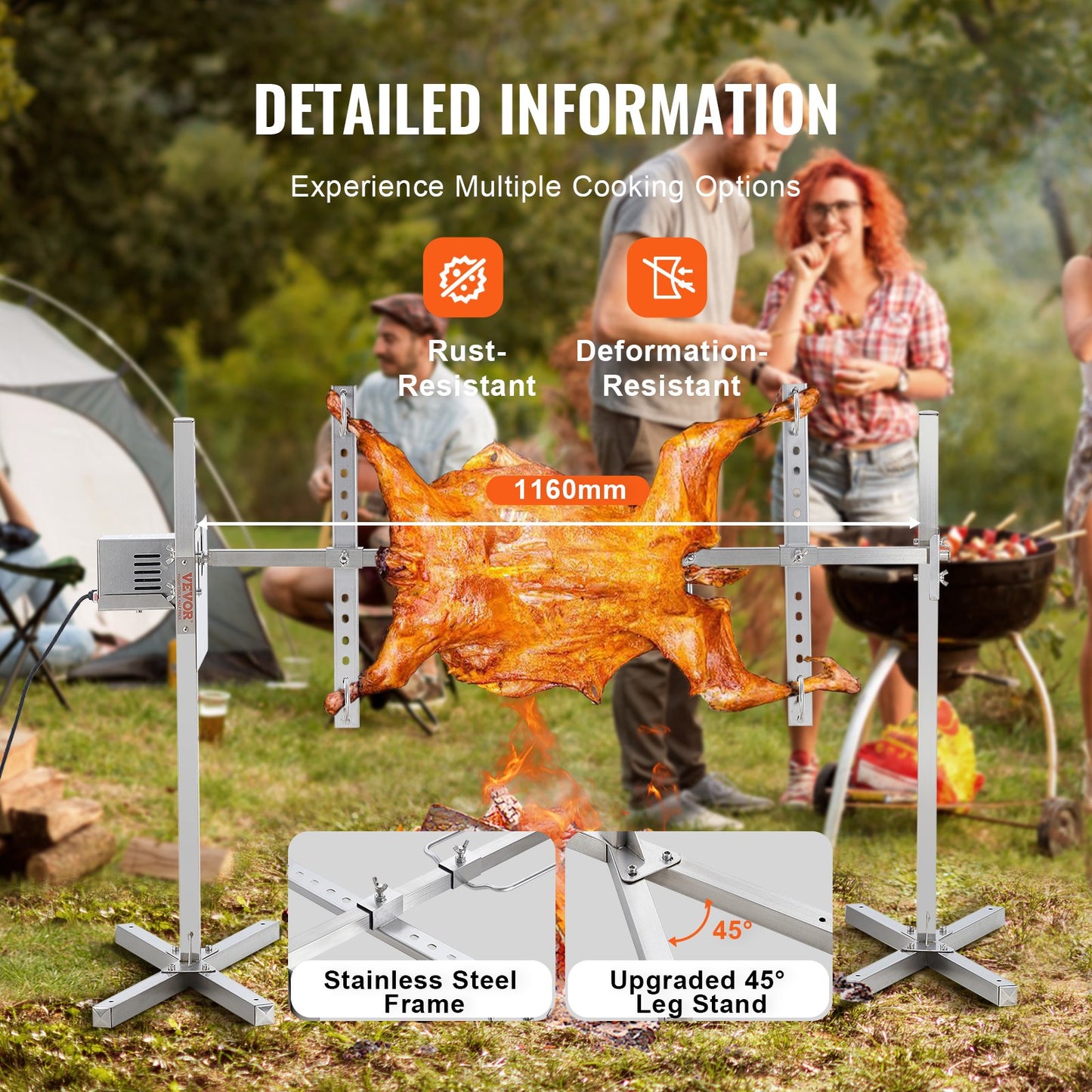 116.8 cm Electric BBQ Rotisserie Grill Kit Stainless Steel Grill 40.8 kg Pig Lamb