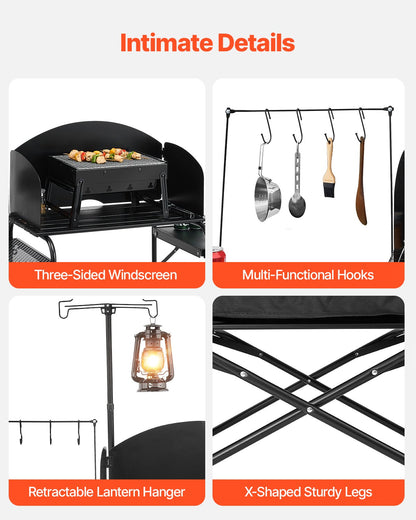 Camping Kitchen Table, Outdoor Camp Cooking Table, Aluminum Portable Cook Station with Storage Cupboard, Carrying Bag, Detachable Windscreen, Quick Set-up for BBQ Party Picnic RV Travel, Black