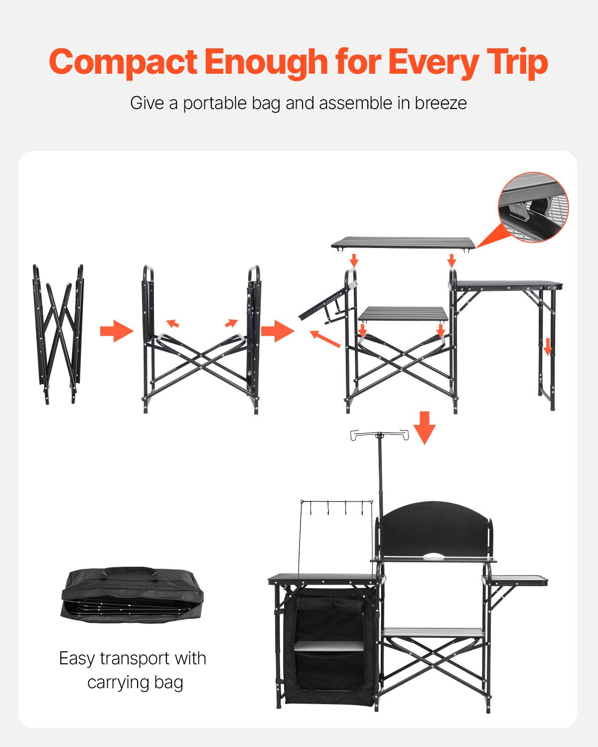 Camping Kitchen Table, Outdoor Camp Cooking Table, Aluminum Portable Cook Station with Storage Cupboard, Carrying Bag, Detachable Windscreen, Quick Set-up for BBQ Party Picnic RV Travel, Black