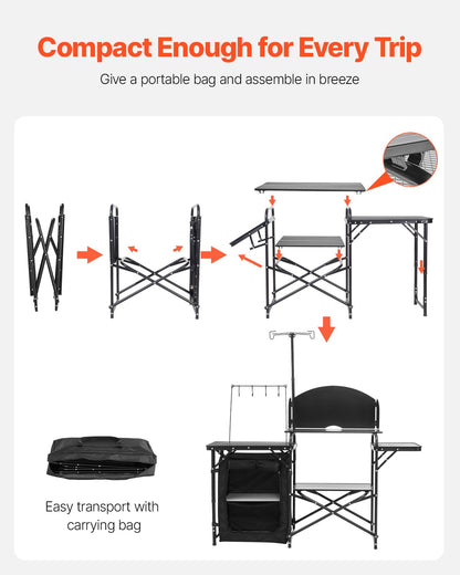 Camping Kitchen Table, Outdoor Camp Cooking Table, Aluminum Portable Cook Station with Storage Cupboard, Carrying Bag, Detachable Windscreen, Quick Set-up for BBQ Party Picnic RV Travel, Black