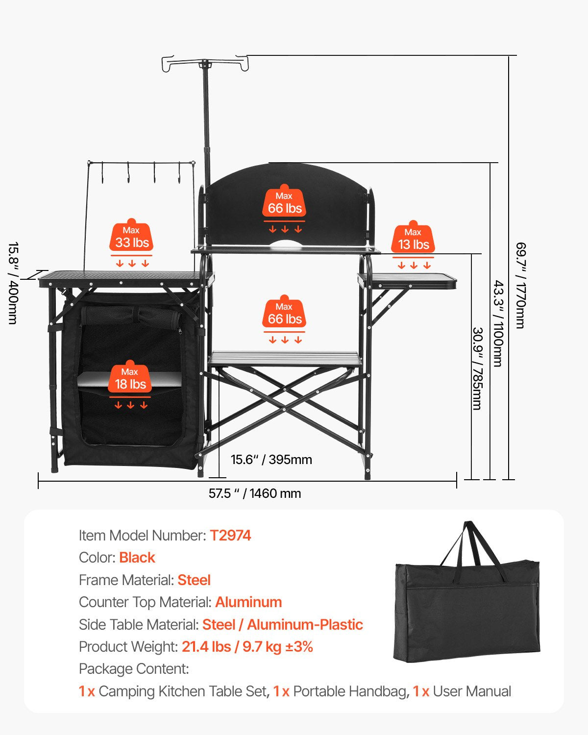 Camping Kitchen Table, Outdoor Camp Cooking Table, Aluminum Portable Cook Station with Storage Cupboard, Carrying Bag, Detachable Windscreen, Quick Set-up for BBQ Party Picnic RV Travel, Black
