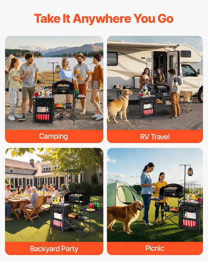 Camping Kitchen Table, Outdoor Camp Cooking Table, Aluminum Portable Cook Station with Storage Cupboard, Carrying Bag, Detachable Windscreen, Quick Set-up for BBQ Party Picnic RV Travel, Black