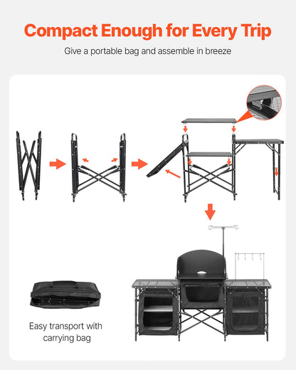Camping Kitchen Table, Outdoor Camp Cooking Table, Aluminum Portable Cook Station with 3 Storage Cupboard, Carrying Bag, Detachable Windscreen, Quick Set-up for BBQ Party Picnic RV Travel, Black