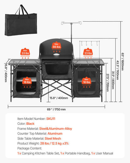 Camping Kitchen Table, Outdoor Camp Cooking Table, Aluminum Portable Cook Station with 3 Storage Cupboard, Carrying Bag, Detachable Windscreen, Quick Set-up for BBQ Party Picnic RV Travel, Black