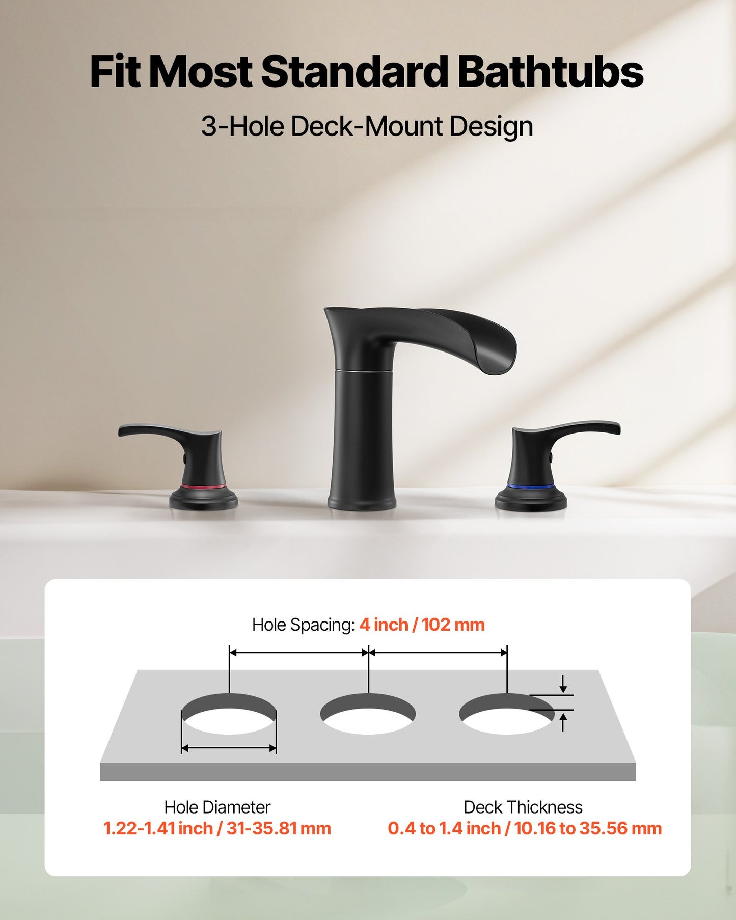 Roman Tub Faucet, 3 Hole Waterfall Bathtub Faucet, Zinc Alloy Bath Tubs Faucets Set with 2 Handles, Roman Tub Faucets Deck Mount for Pet Washing, Adult Bathing, Matte Black, Temperature Control