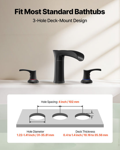 Roman Tub Faucet, 3 Hole Waterfall Bathtub Faucet, Zinc Alloy Bath Tubs Faucets Set with 2 Handles, Roman Tub Faucets Deck Mount for Pet Washing, Adult Bathing, Matte Black, Temperature Control
