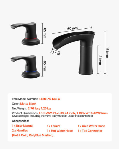 Roman Tub Faucet, 3 Hole Waterfall Bathtub Faucet, Zinc Alloy Bath Tubs Faucets Set with 2 Handles, Roman Tub Faucets Deck Mount for Pet Washing, Adult Bathing, Matte Black, Temperature Control