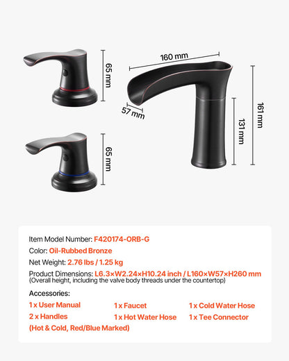 Roman Tub Faucet, 3 Hole Waterfall Bathtub Faucet, Zinc Alloy Bath Tubs Faucets Set with 2 Handles, Deck Mount Bath Tub Faucets Set for Pet Washing, Adult Bathing, Oil-Rubbed Bronze, Drip-Free